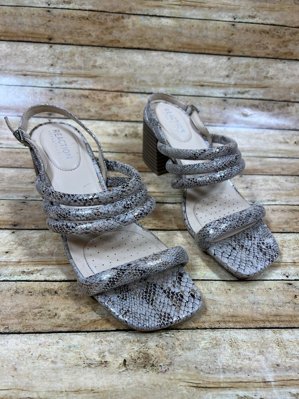 Kenneth Cole Reaction Migella Snakeskin Strappy Sandals Chunky Block Heels 7M
